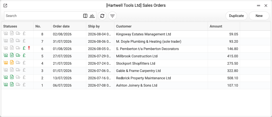 Customer order list in ERPJS with coloured status icons: grey, orange and green marks for shipment, invoices, waybill and payment