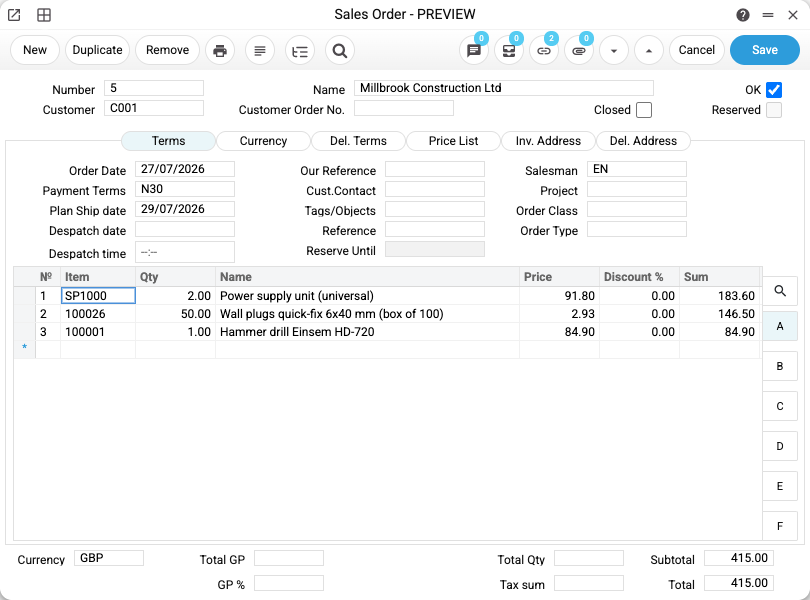 Customer order card in ERPJS: number, customer, order date, planned shipping date and the list of items with prices