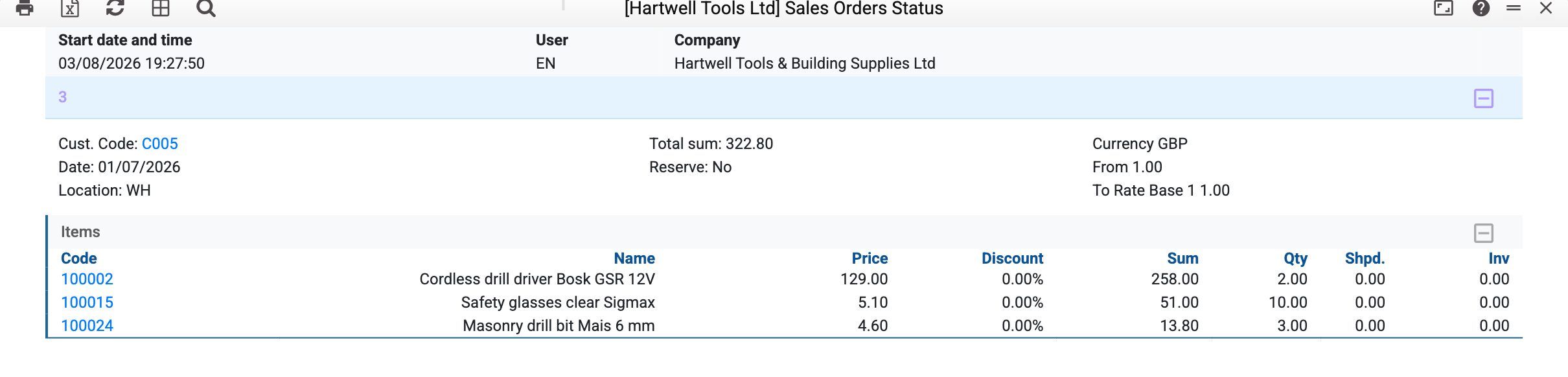 Sales Orders Status report in ERPJS: for every order line it shows quantity ordered, quantity shipped and amount invoiced