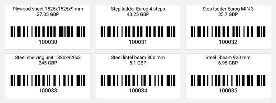 Printed item labels: name, price, barcode and the item code beneath it