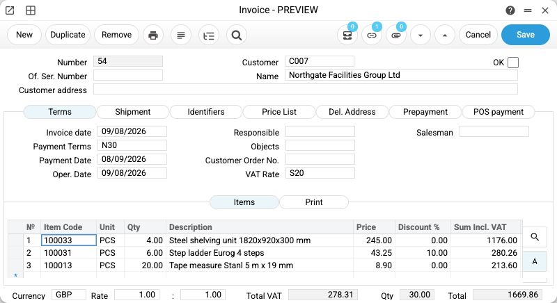Customer invoice with a line discount, VAT and total