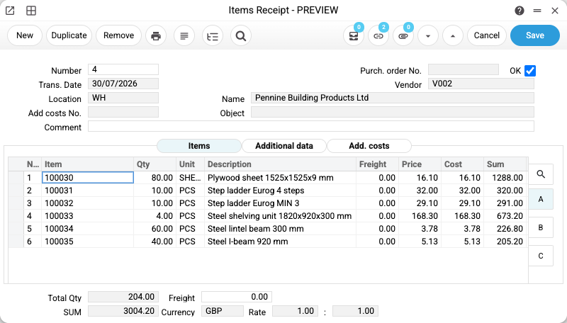 Goods receipt document with item lines, quantities and purchase prices