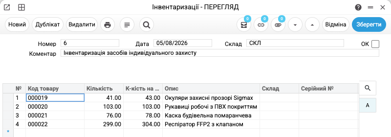 Інвентаризаційна відомість: нарахована кількість поруч з обліковою
