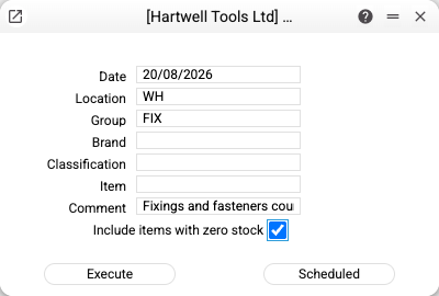 Inventory worksheet builder with location and group selection