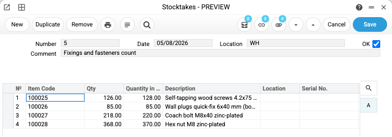 Stocktake worksheet: counted quantity next to the book quantity