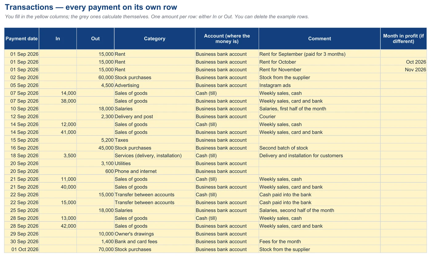 The Transactions sheet: every payment on its own row — date, amount, category and account